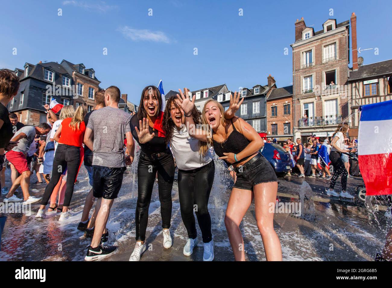 France, Eure, Risle Valley, Pont-Audemer, labeled the Most Beautiful Detours of France, nicknamed the Little Venice of Normandy, supporters of the French football team celebrate victory at the 2018 World Cup Stock Photo