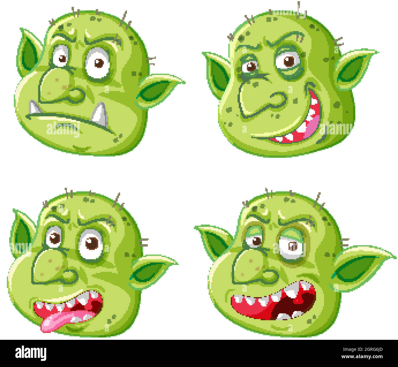 Set of green goblin or troll face in different expressions in cartoon style isolated Stock Vector