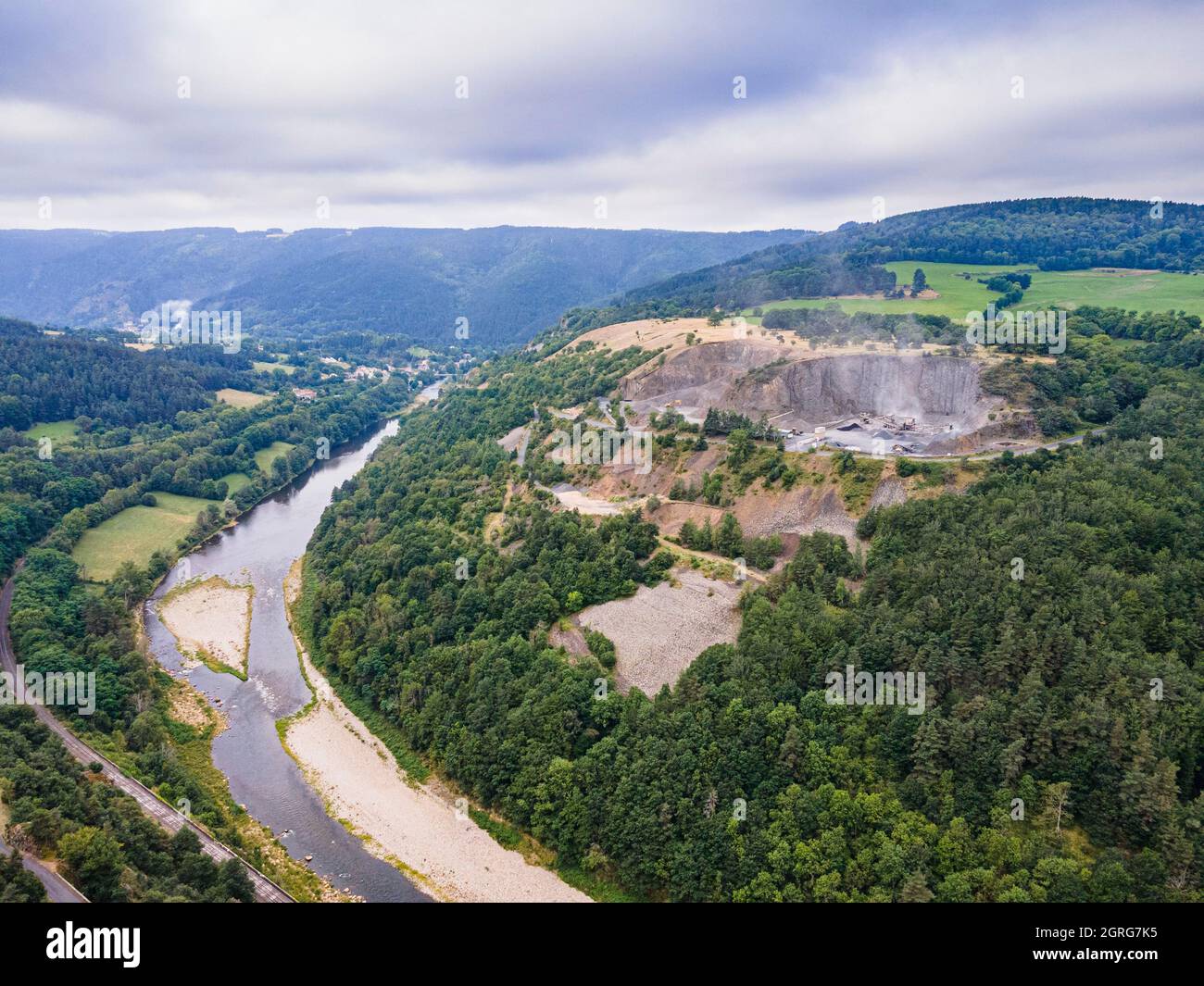 France Alleyras, basalt quarry, Allier valley (aerial view) (aerial view) Stock Photo