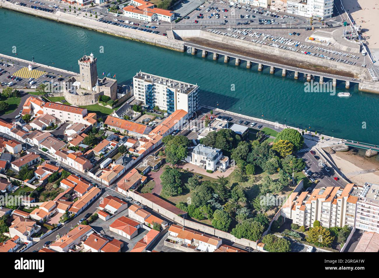 France, Vendee, Les Sables d'Olonne, la Villa Charlotte, la Tour d'Arundel and the channel leading to the harbour (aerial photography) Stock Photo