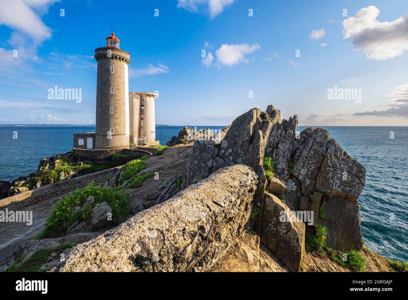 France, Finistere, Iroise Sea, Goulet of Brest, Plouzane, Pointe du Petit Minou, Petit Minou lighthouse Stock Photo