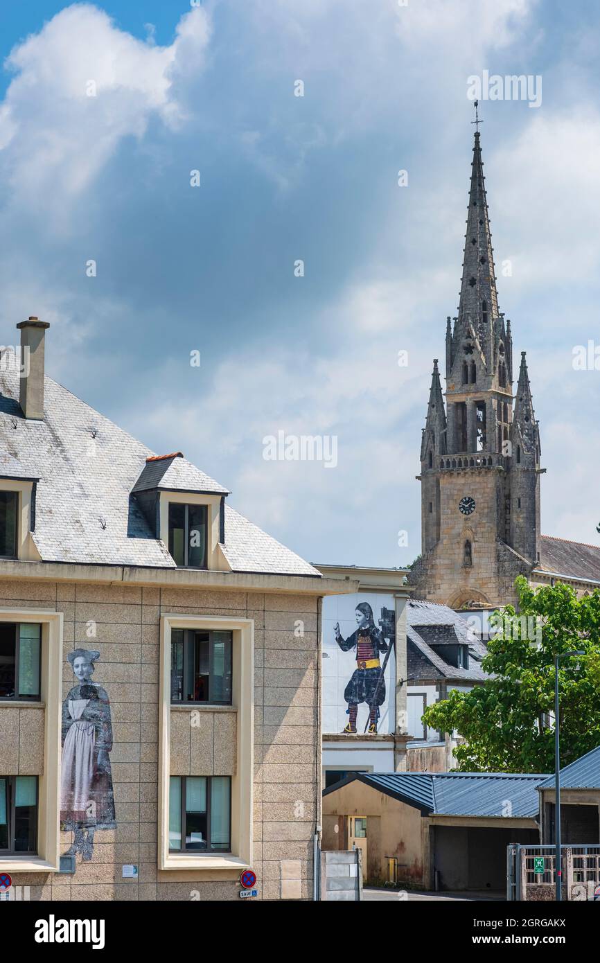 France, Finistere, Armorica Regional Natural Park, Chateaulin, urban collage to enhance the local dress heritage, Saint-Idunet church in the background Stock Photo