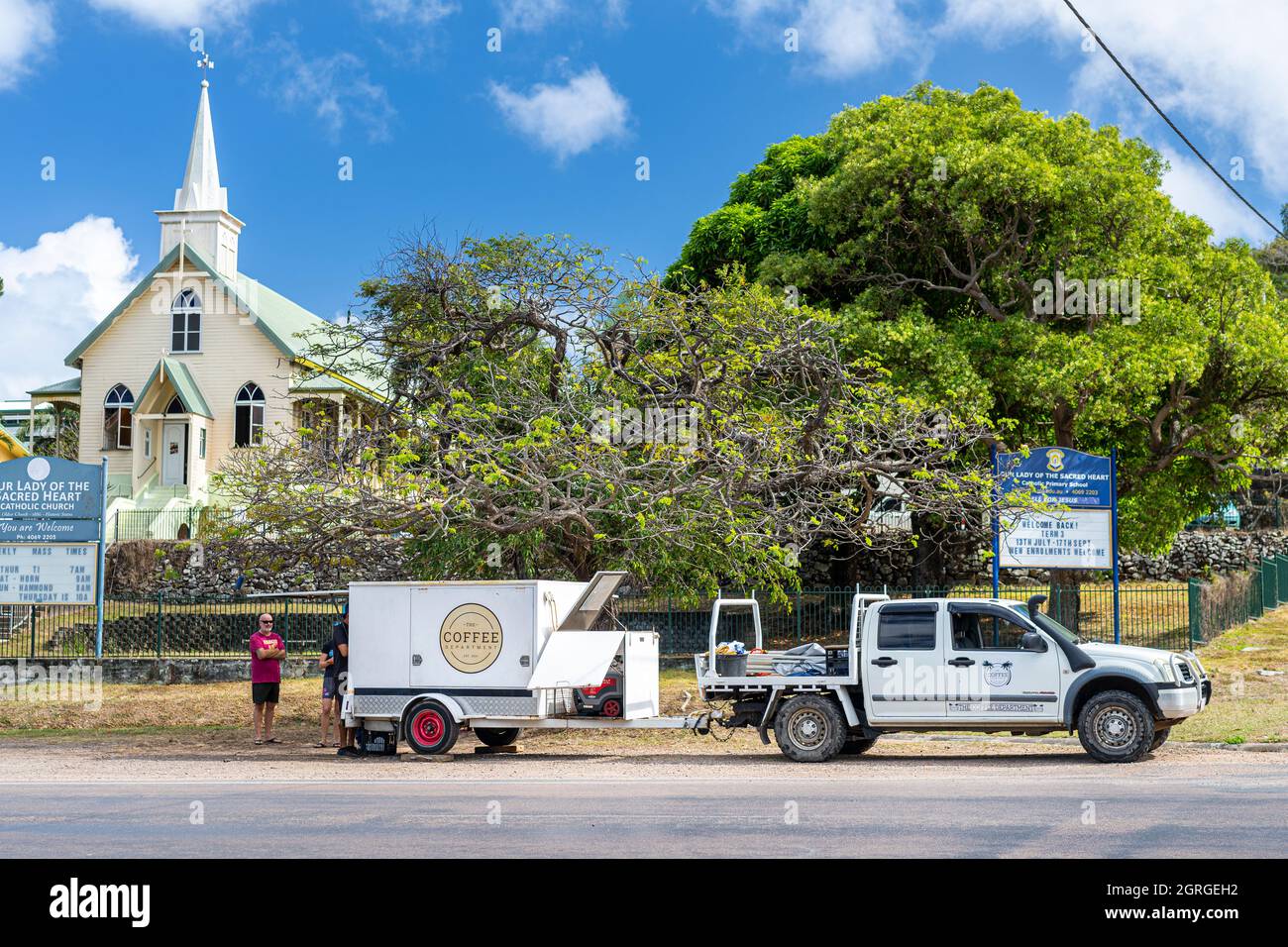 Coffee van on street outside Our Lady of the Sacred Heart Catholic