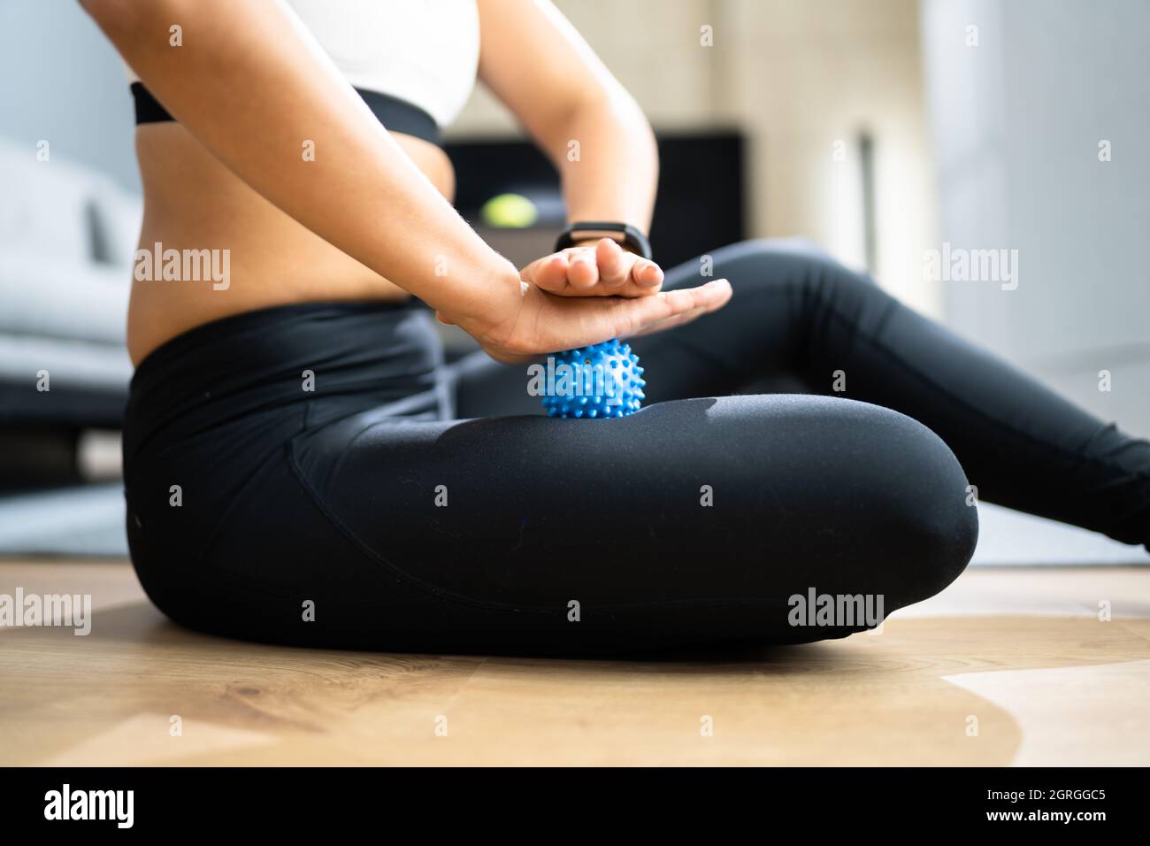 Leg Massage With Trigger Point Spiky Massage Ball. Myofascial Release Stock Photo