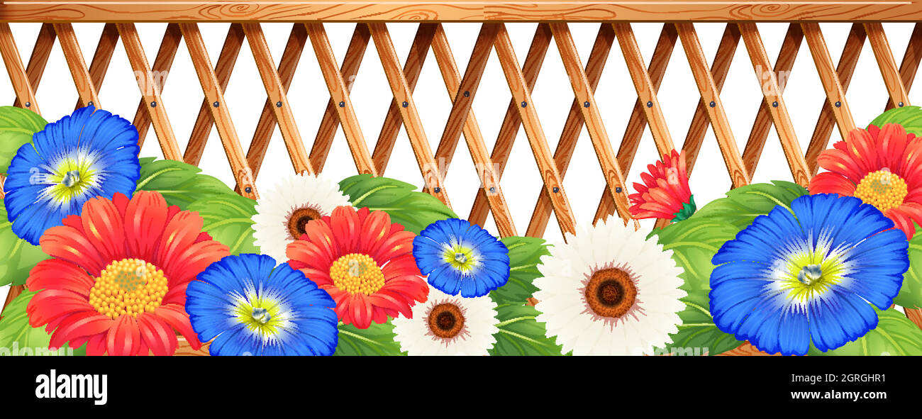 Colourfl flowers near the wooden fence Stock Vector