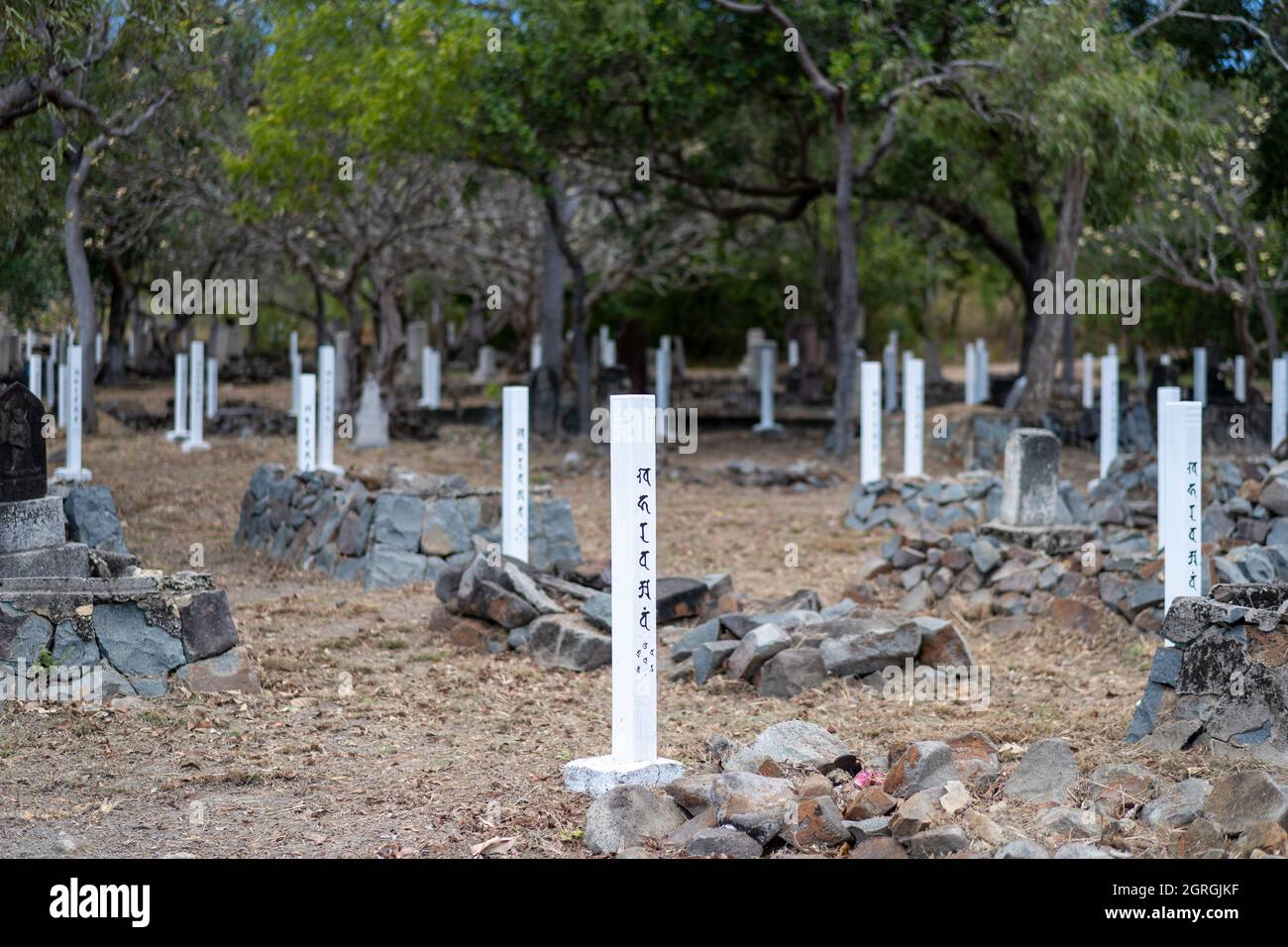Headstones marking Japanese graves, Thursday Island Cemetery, Torres Straits, Far North Queensland, Australia Stock Photo