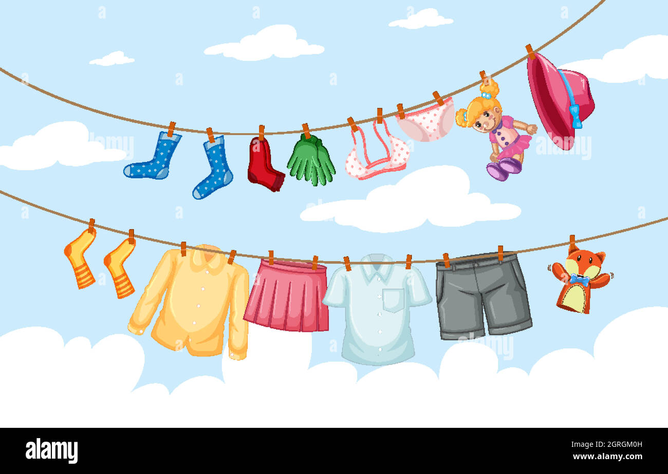 Clothes hanging on line with sky background Stock Vector