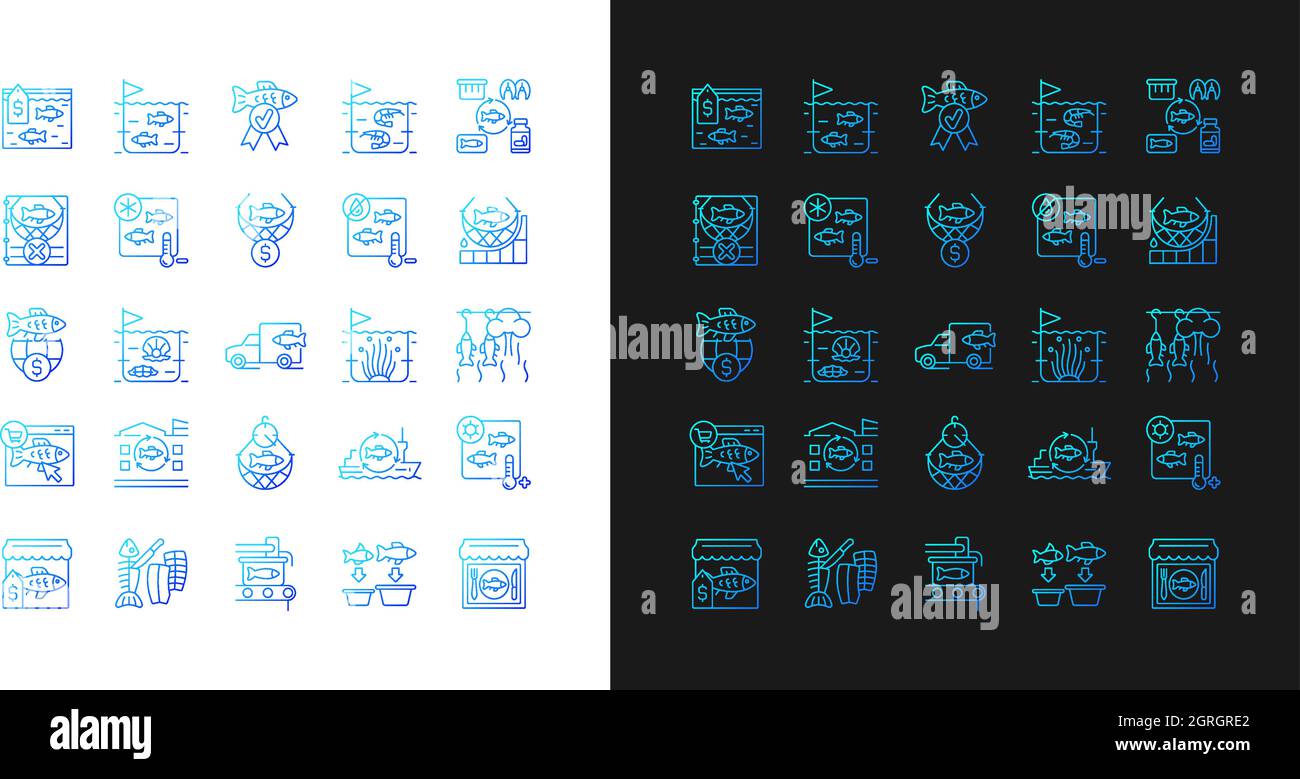 Fishing industry gradient icons set for dark and light mode Stock Vector