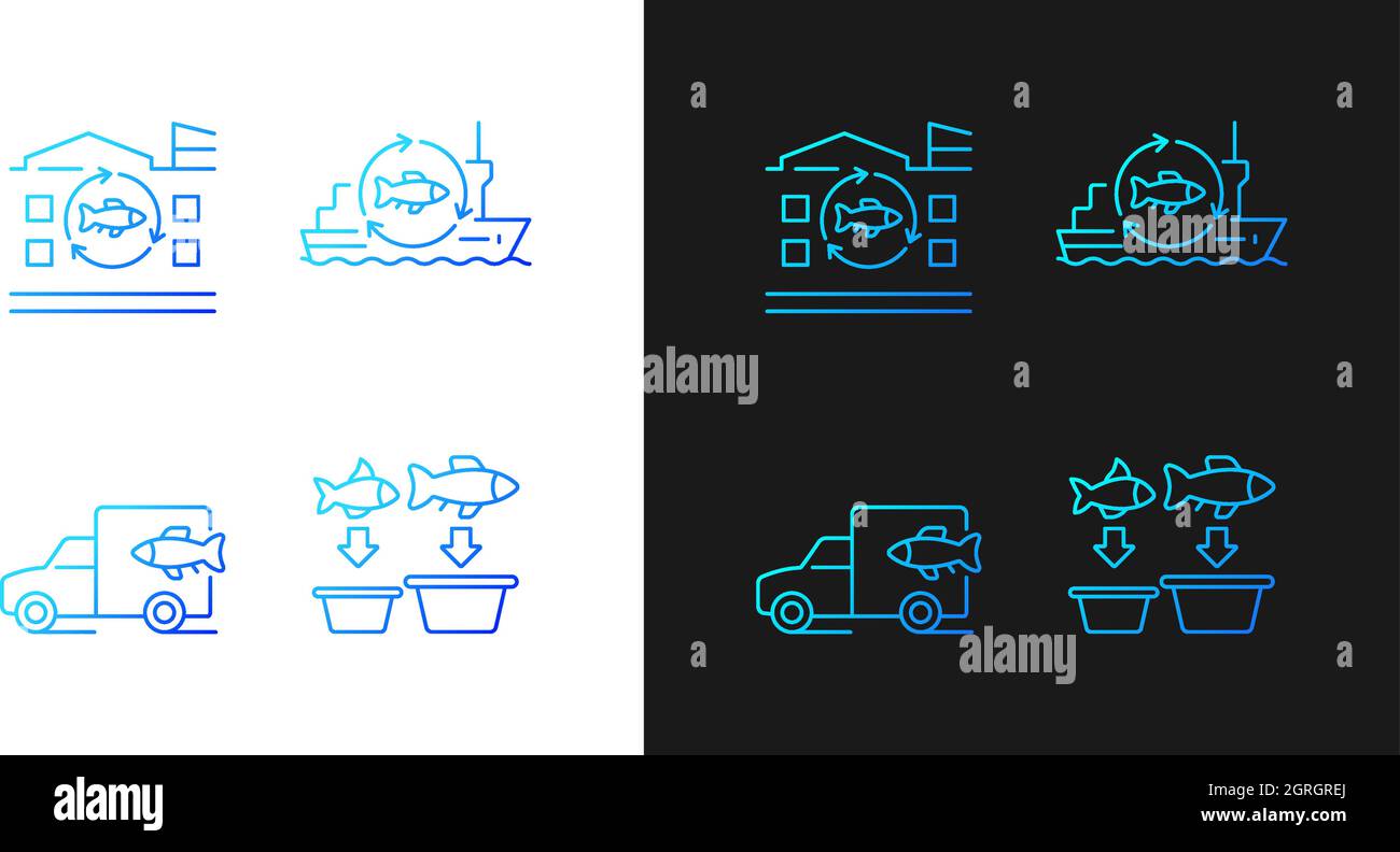 Fish processing and transportation gradient icons set for dark and light mode Stock Vector