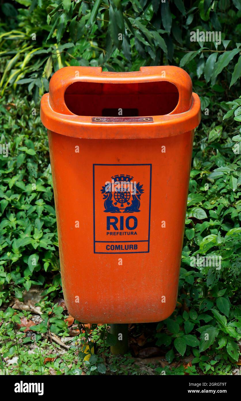 RIO DE JANEIRO, BRAZIL - DECEMBER 21, 2019: Trash can at 'Bosque da Freguesia', public park in the neighborhood of Jacarepagua Stock Photo