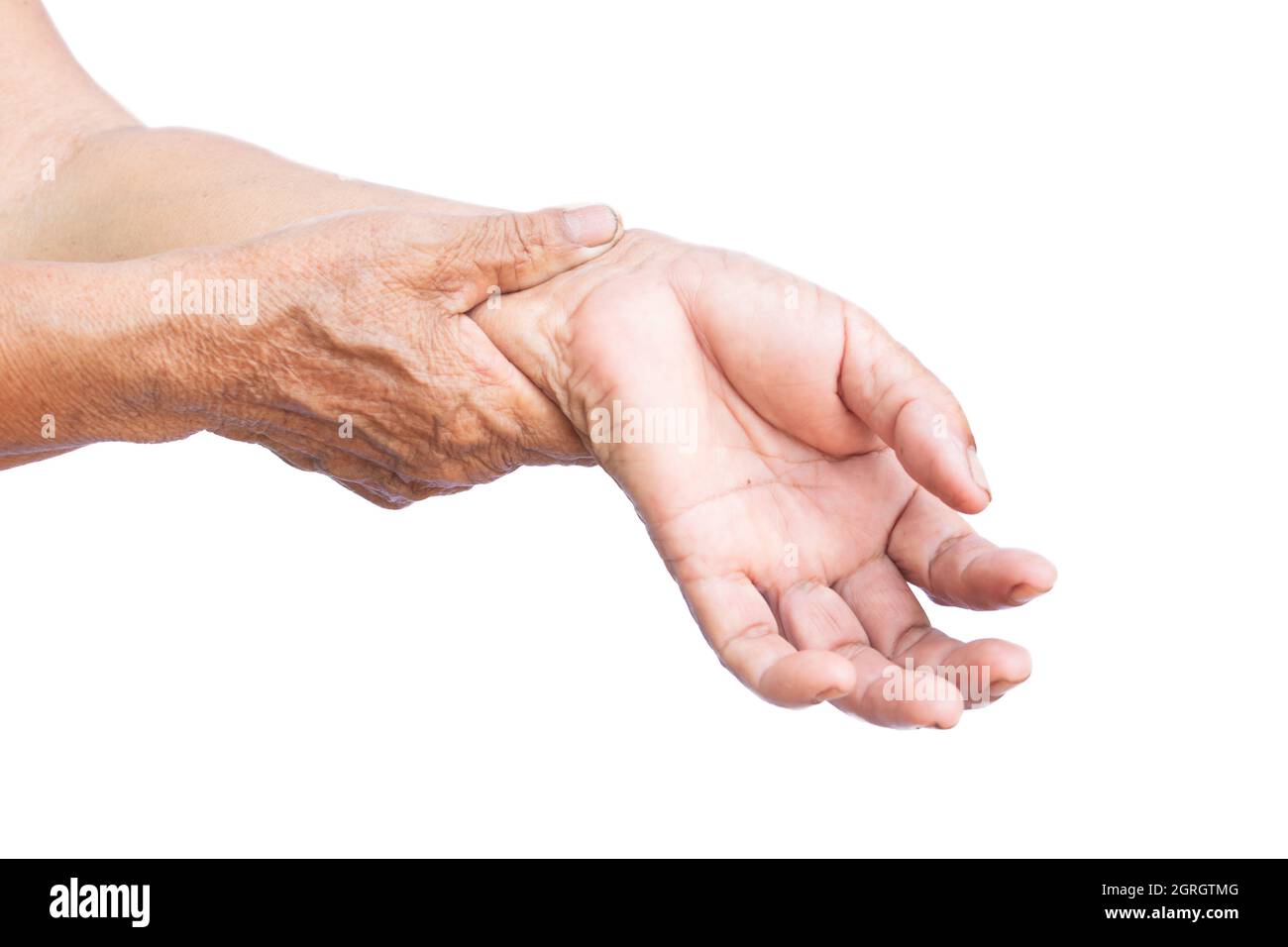 Cropped Image Of Senior Woman With Hand Pain Against White Background Stock Photo