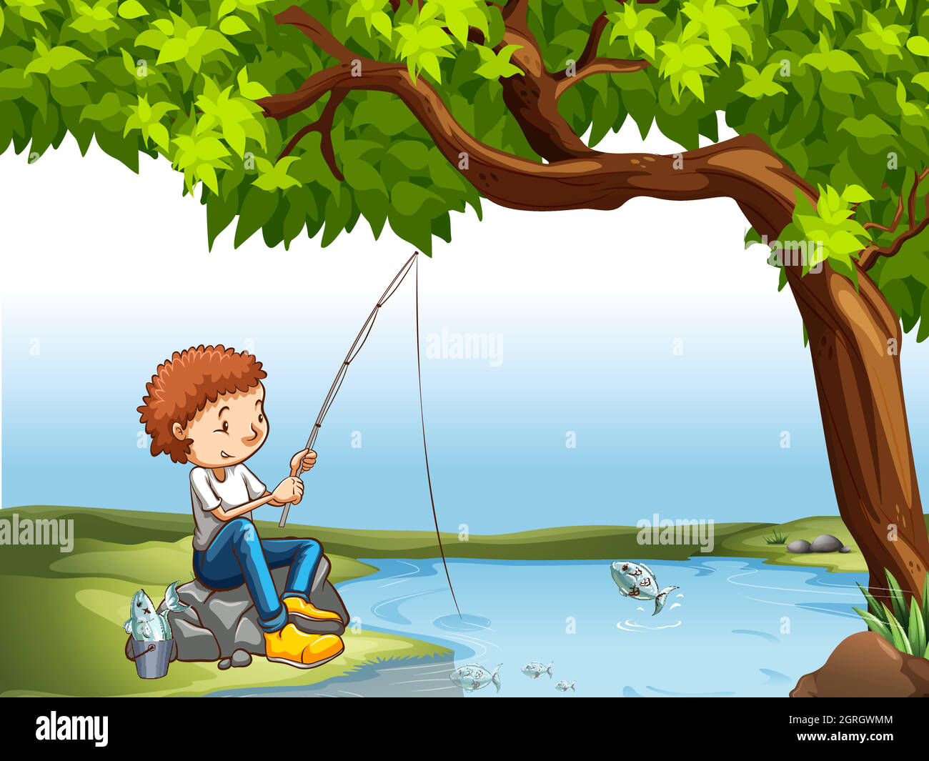Man boy fishing rod river Stock Vector Images - Alamy