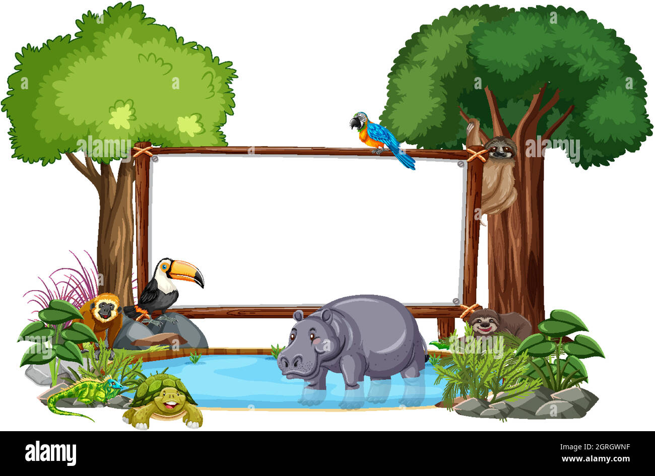 Empty banner with wild animals and rainforest trees on white background ...