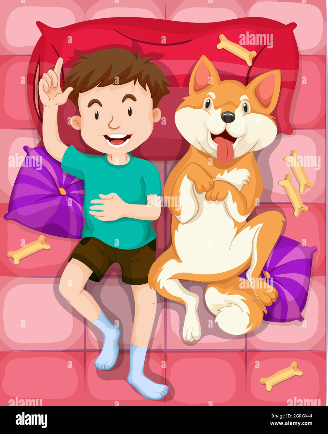 Boy and pet dog sleeping on bed Stock Vector