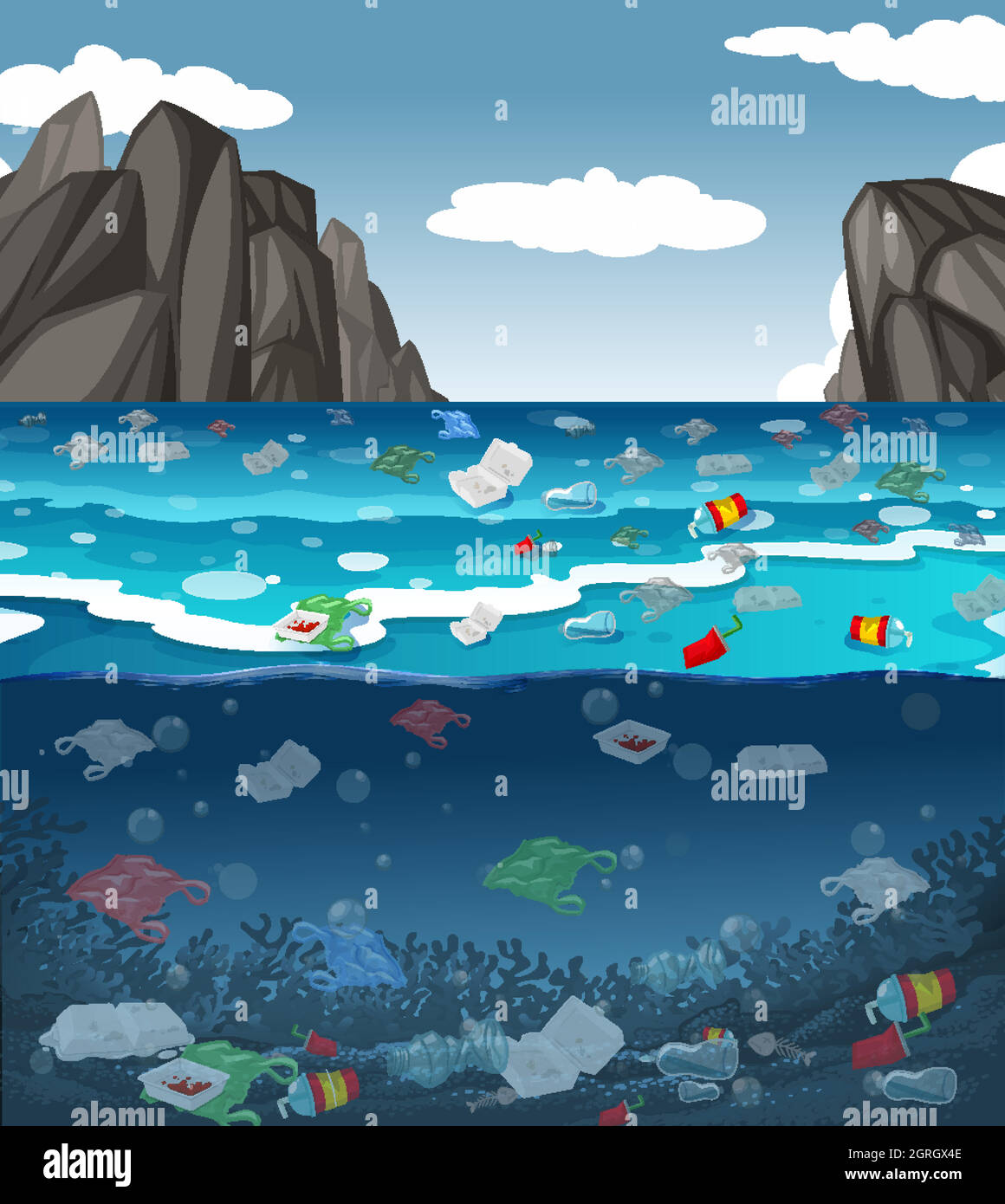 Water pollution with plastic bags in ocean Stock Vector