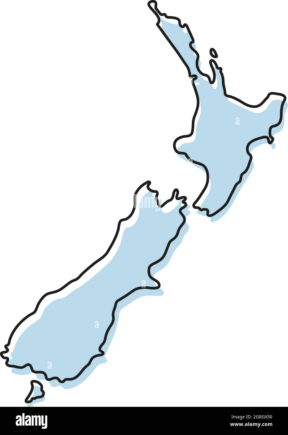 Stylized simple outline map of New Zealand icon. Blue sketch map of New Zealand vector illustration Stock Vector