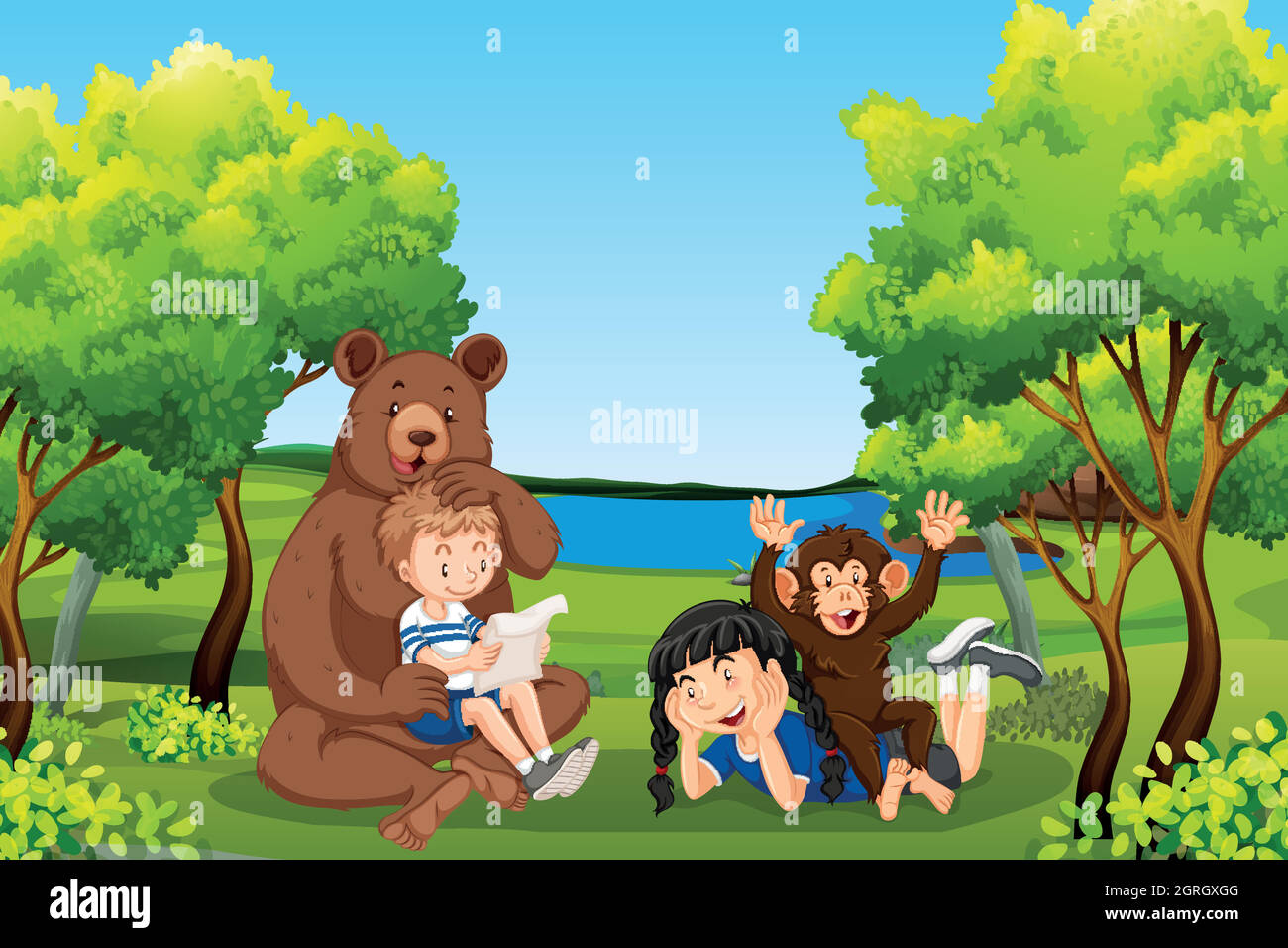 Kids with friendly animals in forest Stock Vector Image & Art Alamy