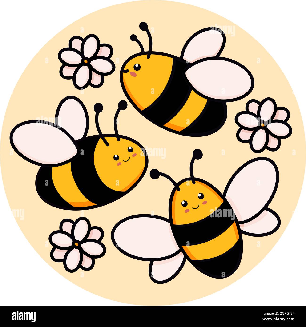 Cute set of bees in a round frame vector illustration in doodle style. Colorful collection of bumblebees in a circle, kids drawing for icon and logo design in yellow and black colors isolated on white Stock Vector