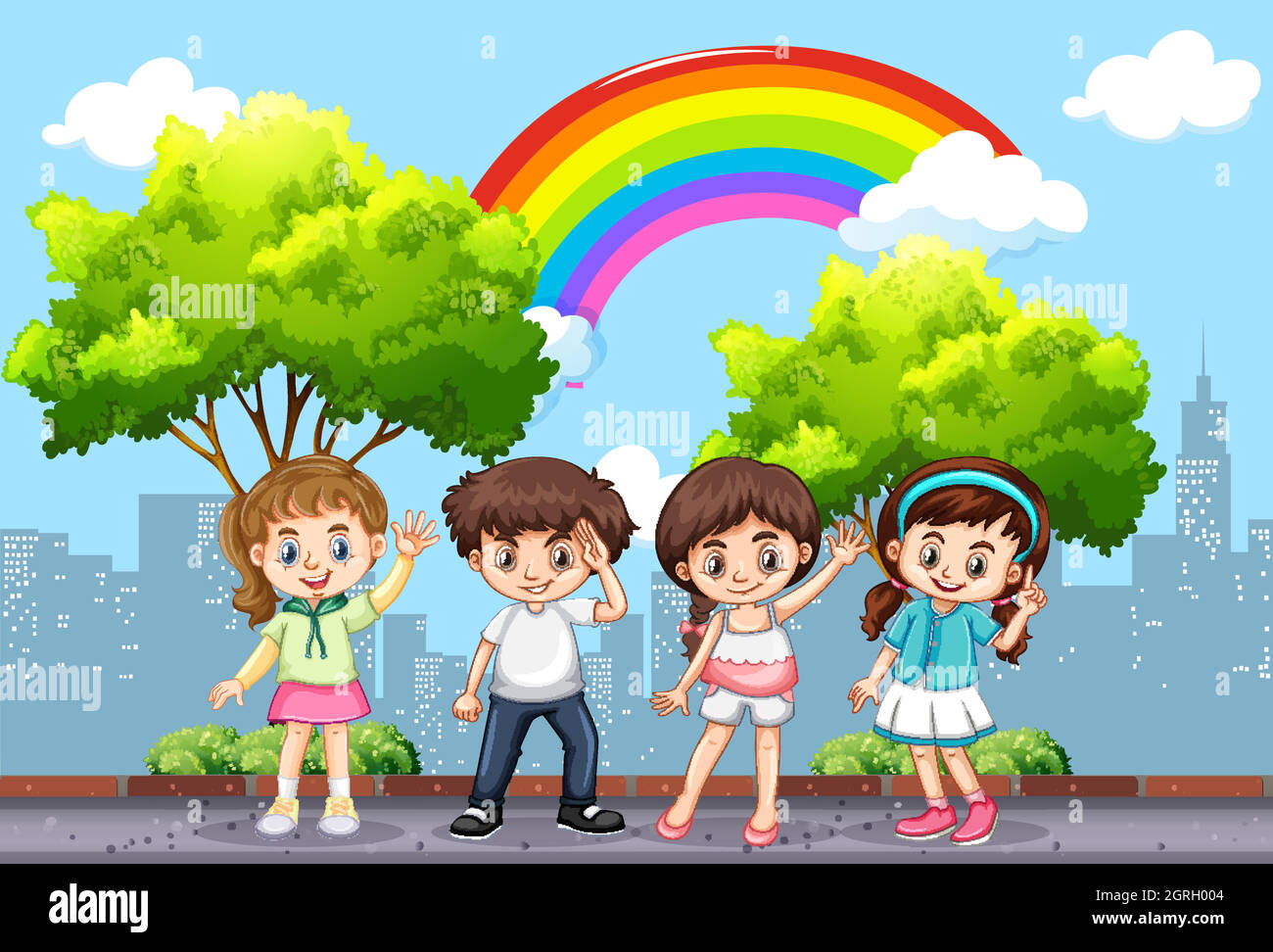 Happy children in the park with rainbow in sky Stock Vector Image & Art ...