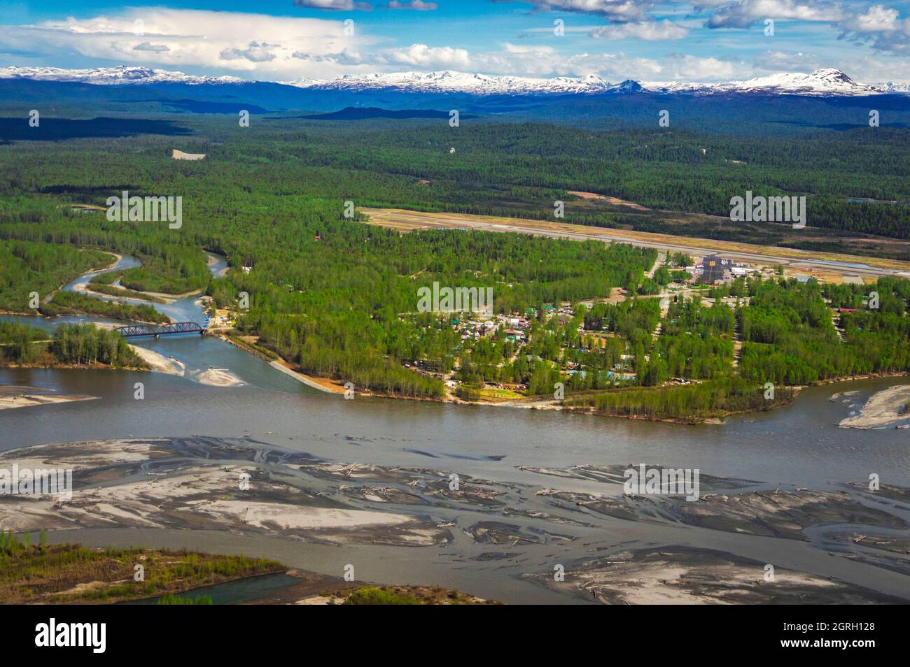 Aerial view of the town of Talkeetna, Alaska with rivers and moutnains Stock Photo Alamy