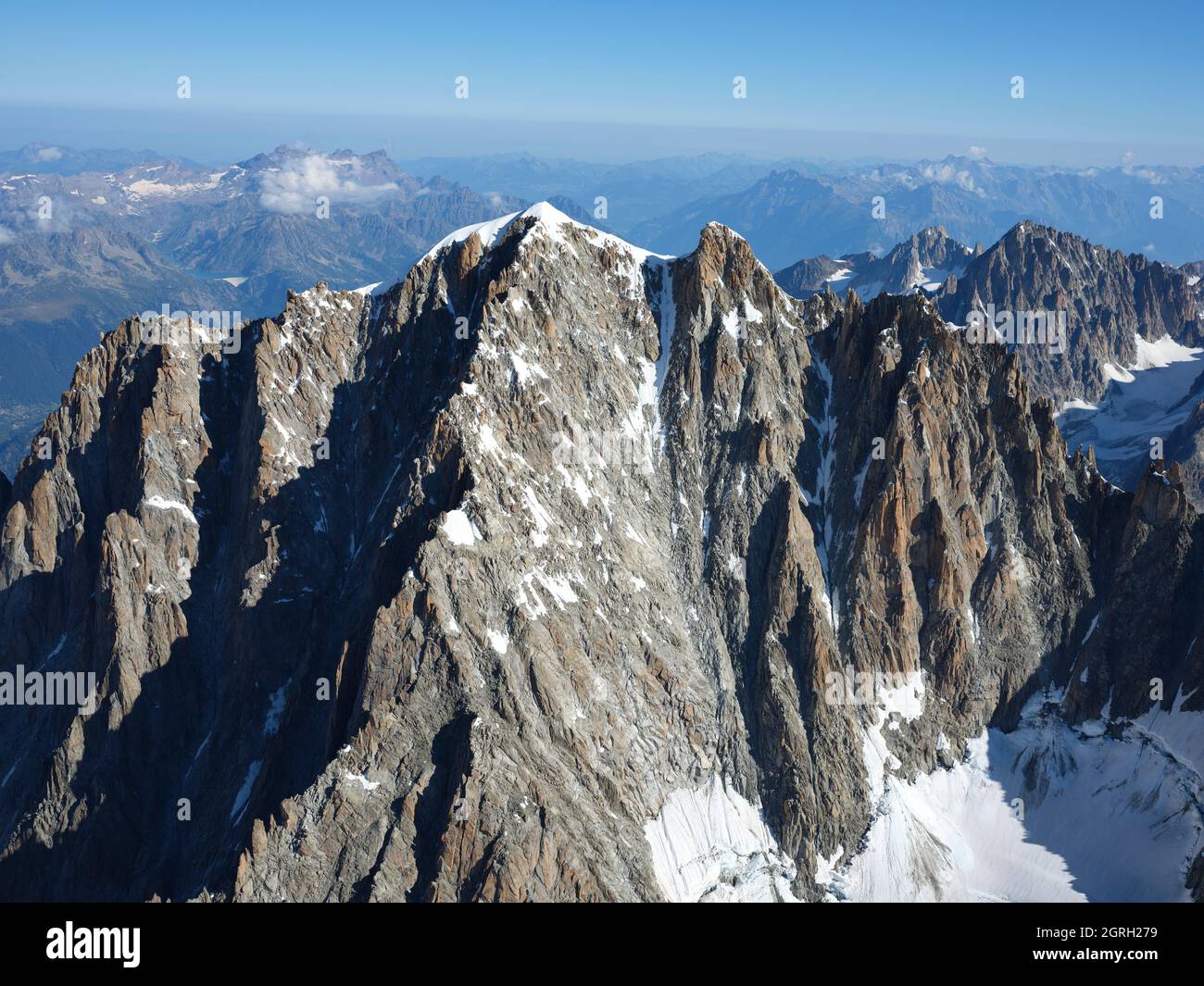 AERIAL VIEW from the south. Aiguille Verte (elevation: 4122 meters), Chamonix, Mont Blanc Massif, Haute-Savoie, France. Stock Photo