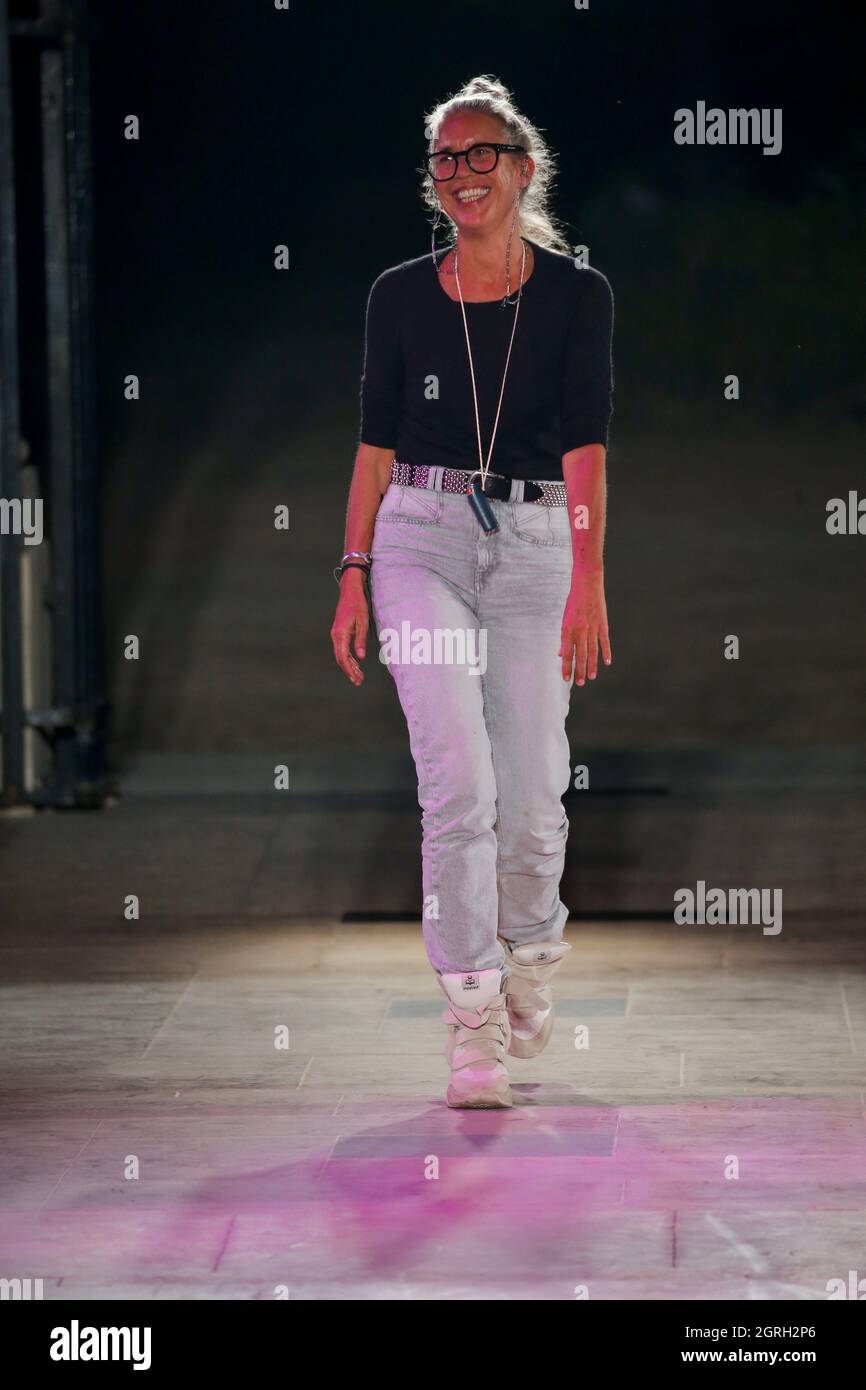 Paris, France. 30th Sep, 2021. Designer Isabel Marant walks on the runway  at the Isabel Marant fashion show during Spring/Summer 2022 Collections  Fashion Show at Paris Fashion Week in Paris, France on