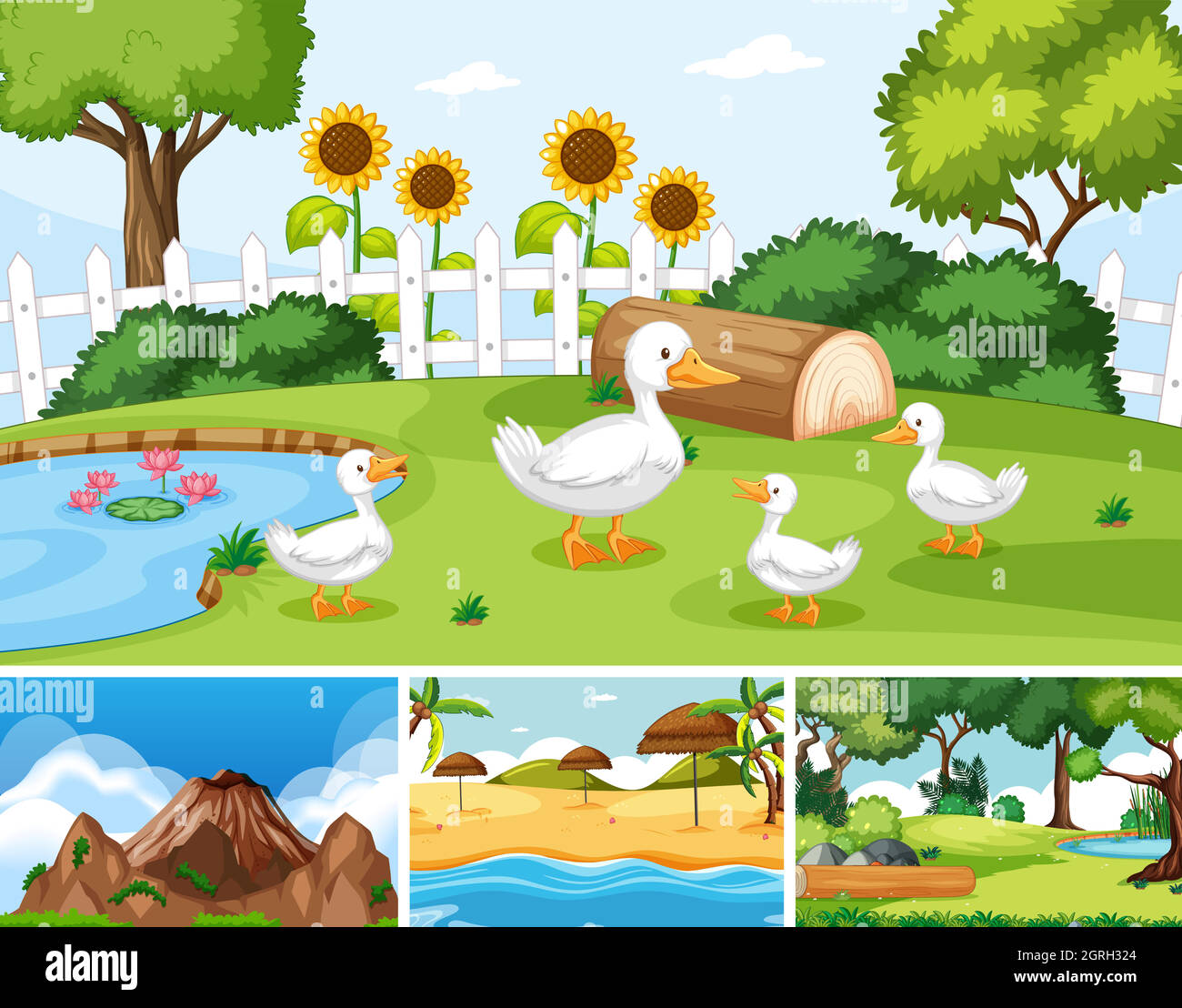 Six different scenes in nature setting cartoon style Stock Vector Image