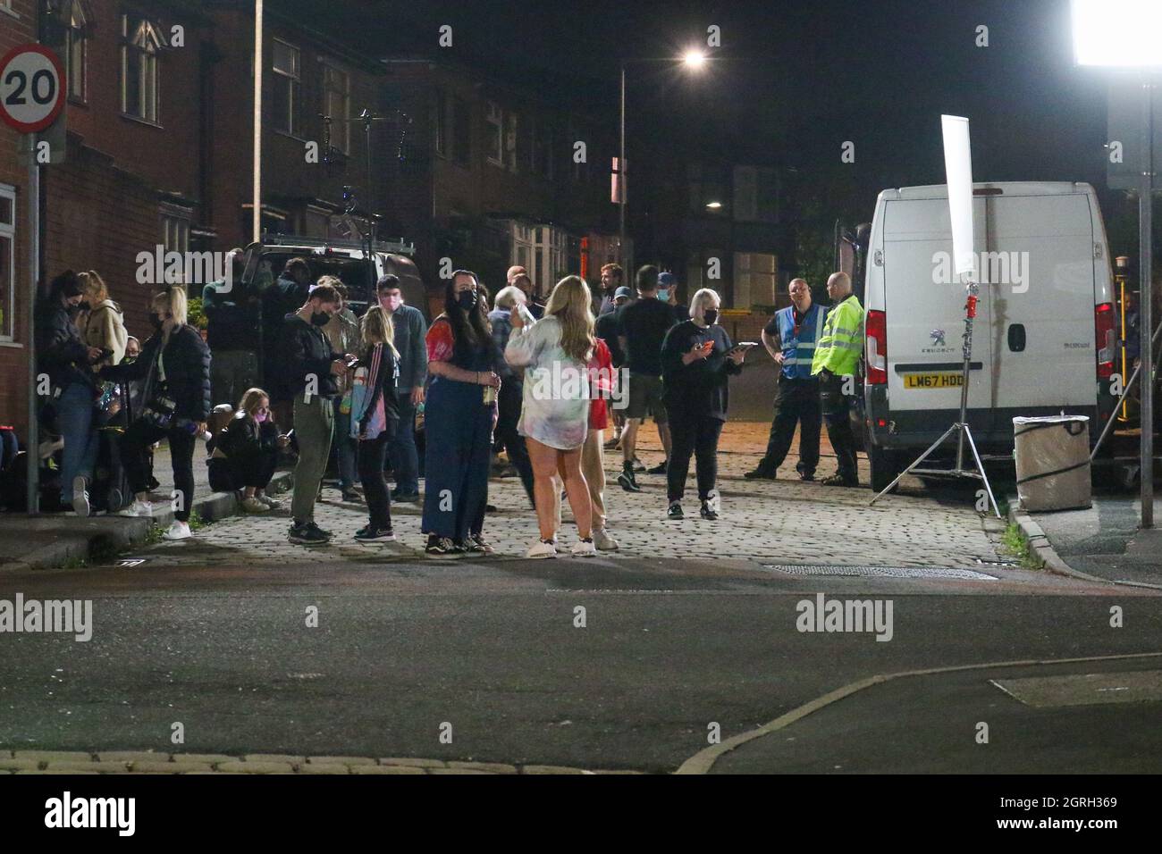 6th September 2021. Adrian Road, Halliwell, Bolton. Night filming for the  Netflix series, Red Rose taking place in Halliwell. Long lens shots of one  of the scenes which involved a car not