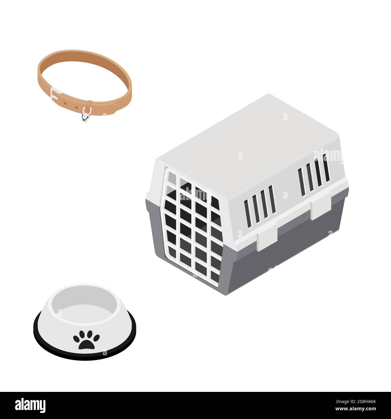 Pet accessories, pet carrier, food bowl and collar vector icon set