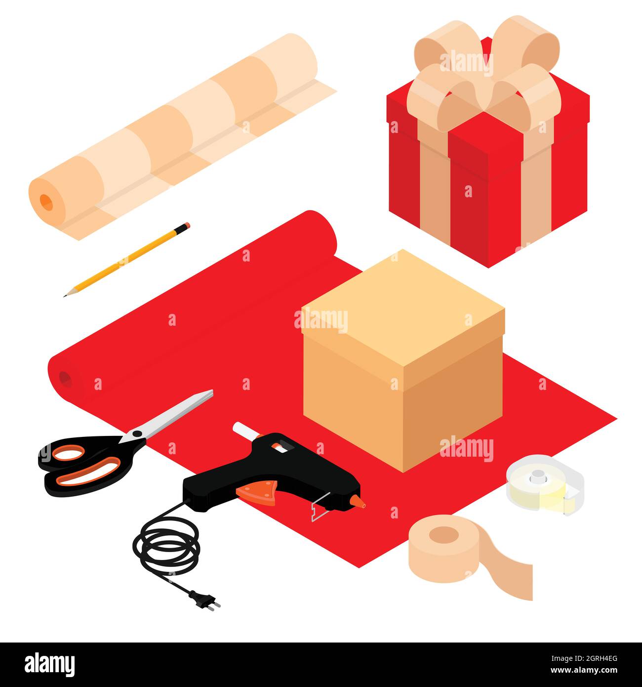 Gift wrapping concept. Present preparation. Wrapping materials and gift box. Isometric view