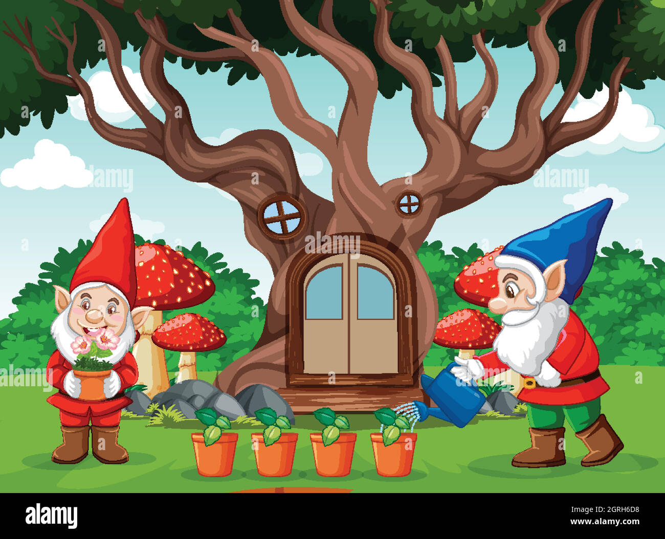 Gnomes and tree house cartoon style on garden background Stock Vector