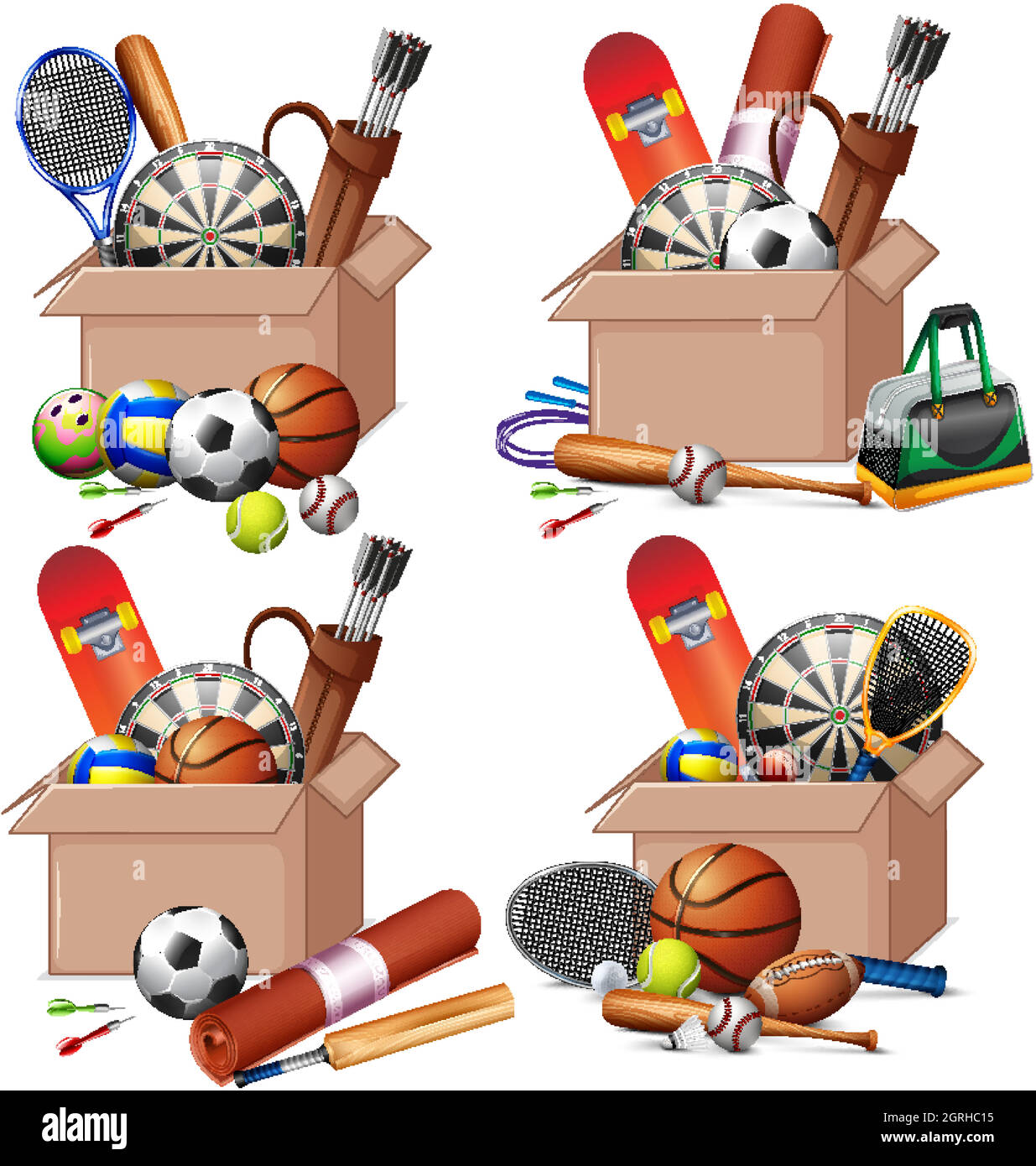 Set of boxes full of sport equipments on white background Stock Vector
