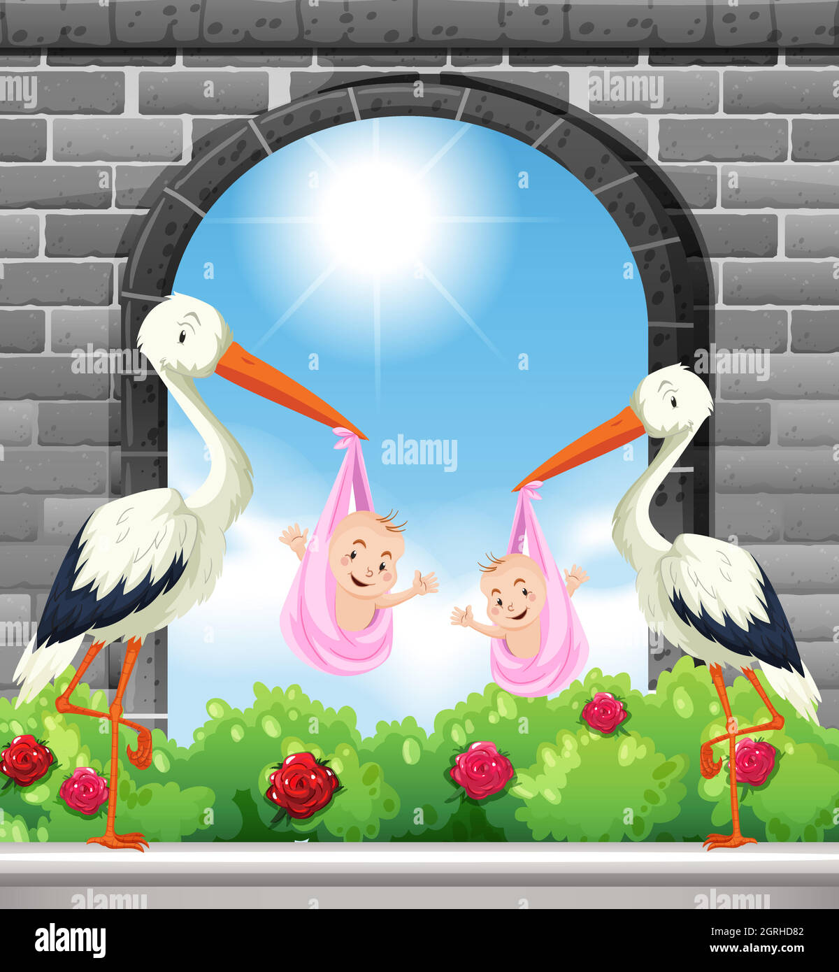 Two birds deliver baby girls Stock Vector