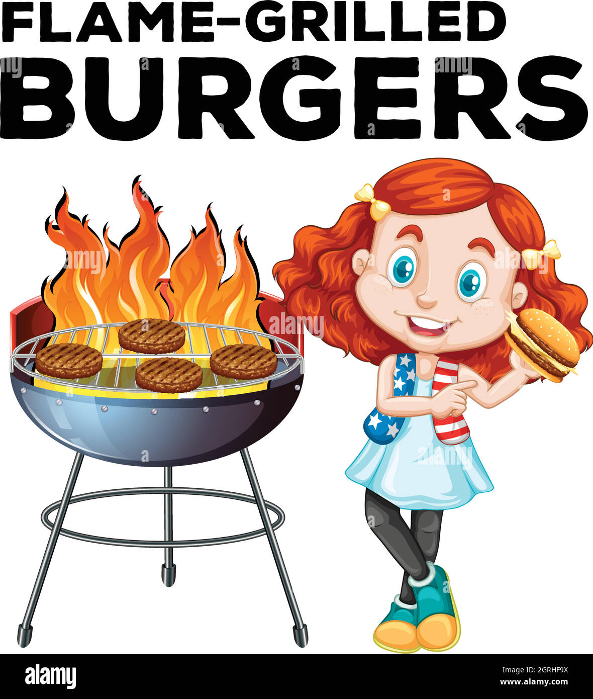 Girl and flame-grilled burgers Stock Vector