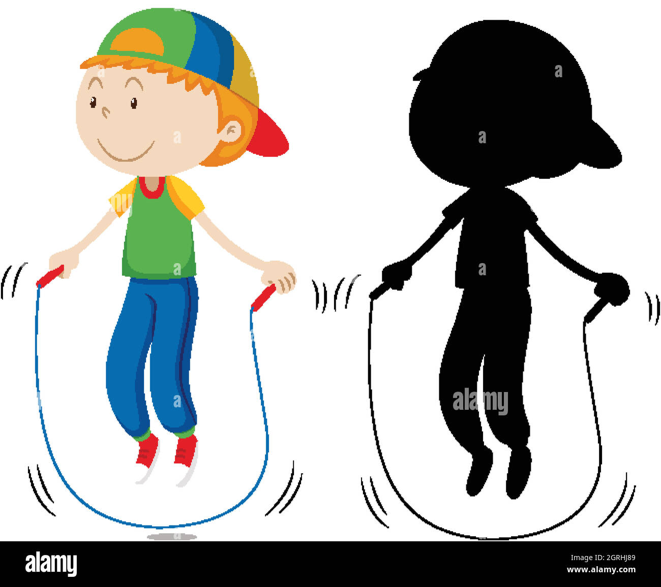 Boy skipping rope and its silhouette Stock Vector