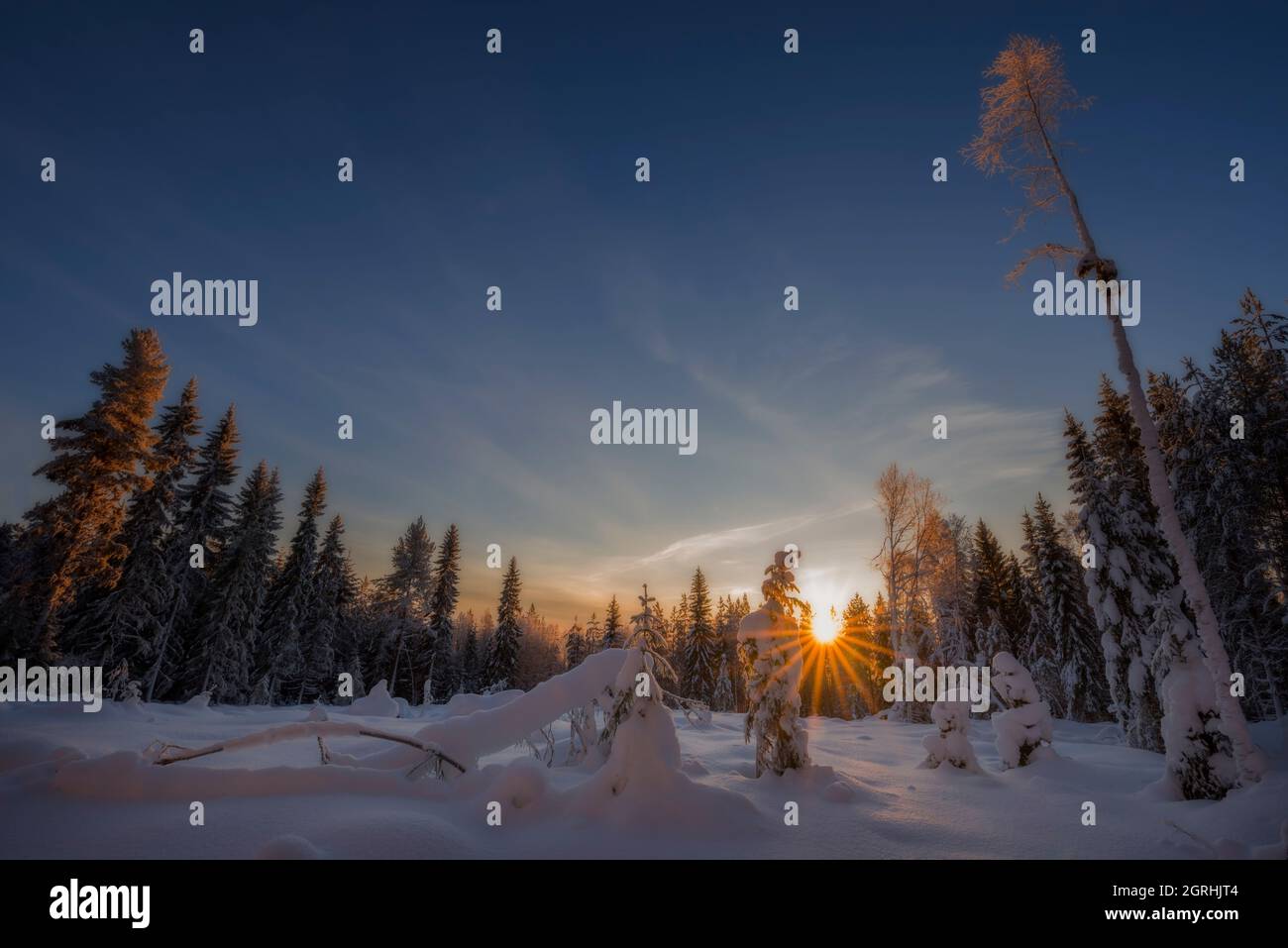 sun beams in a winter mountain landscape Stock Photo