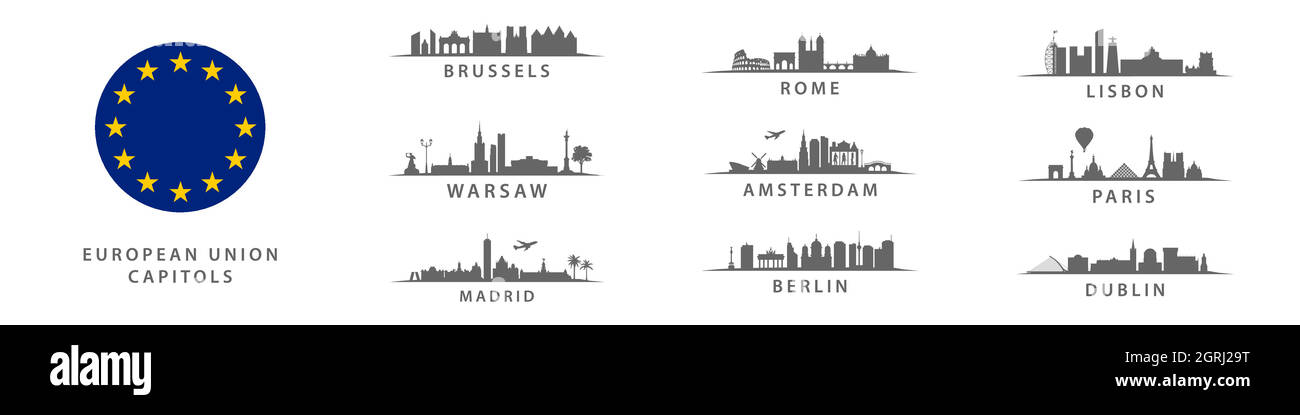 Collection of European Union Capitols, Big CIty on old continent, important metropolis set panorama Stock Vector