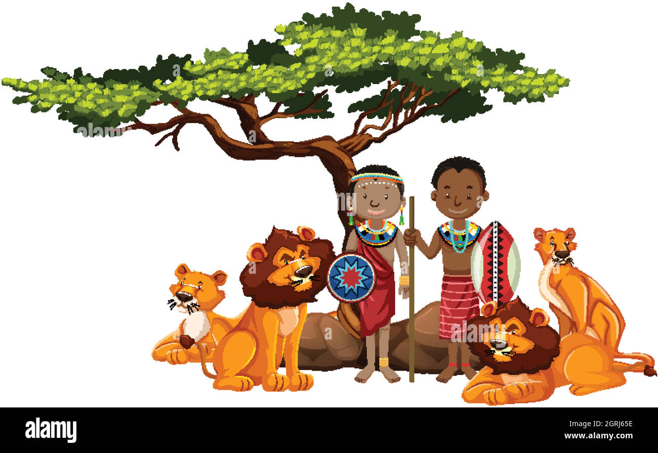 Ethnic people of African tribes and wild animal Stock Vector