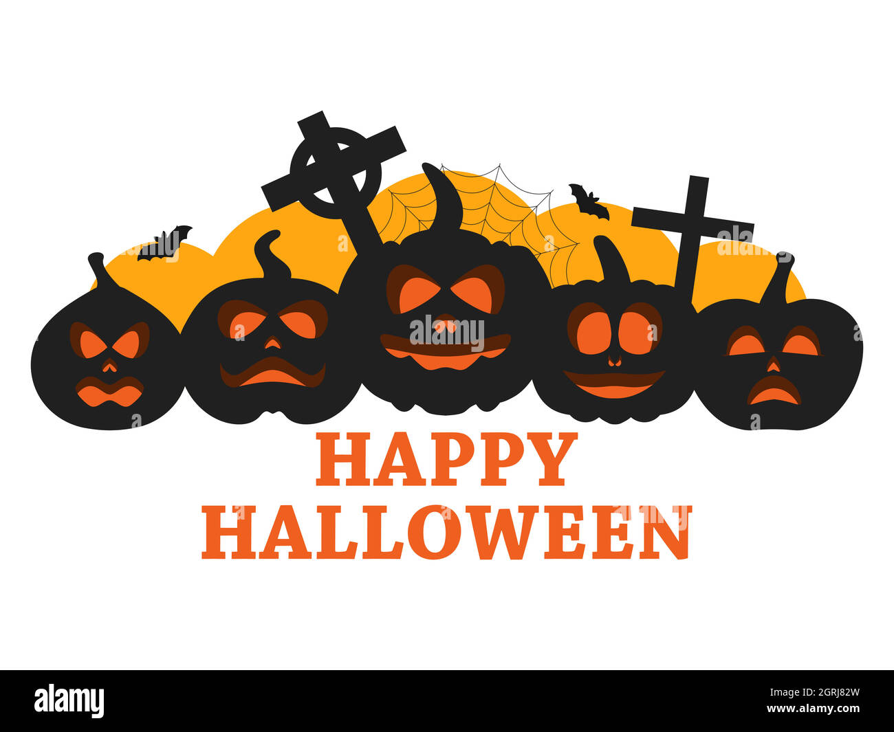 Halloween banner with pumpkins, bats and cross isolated on white ...