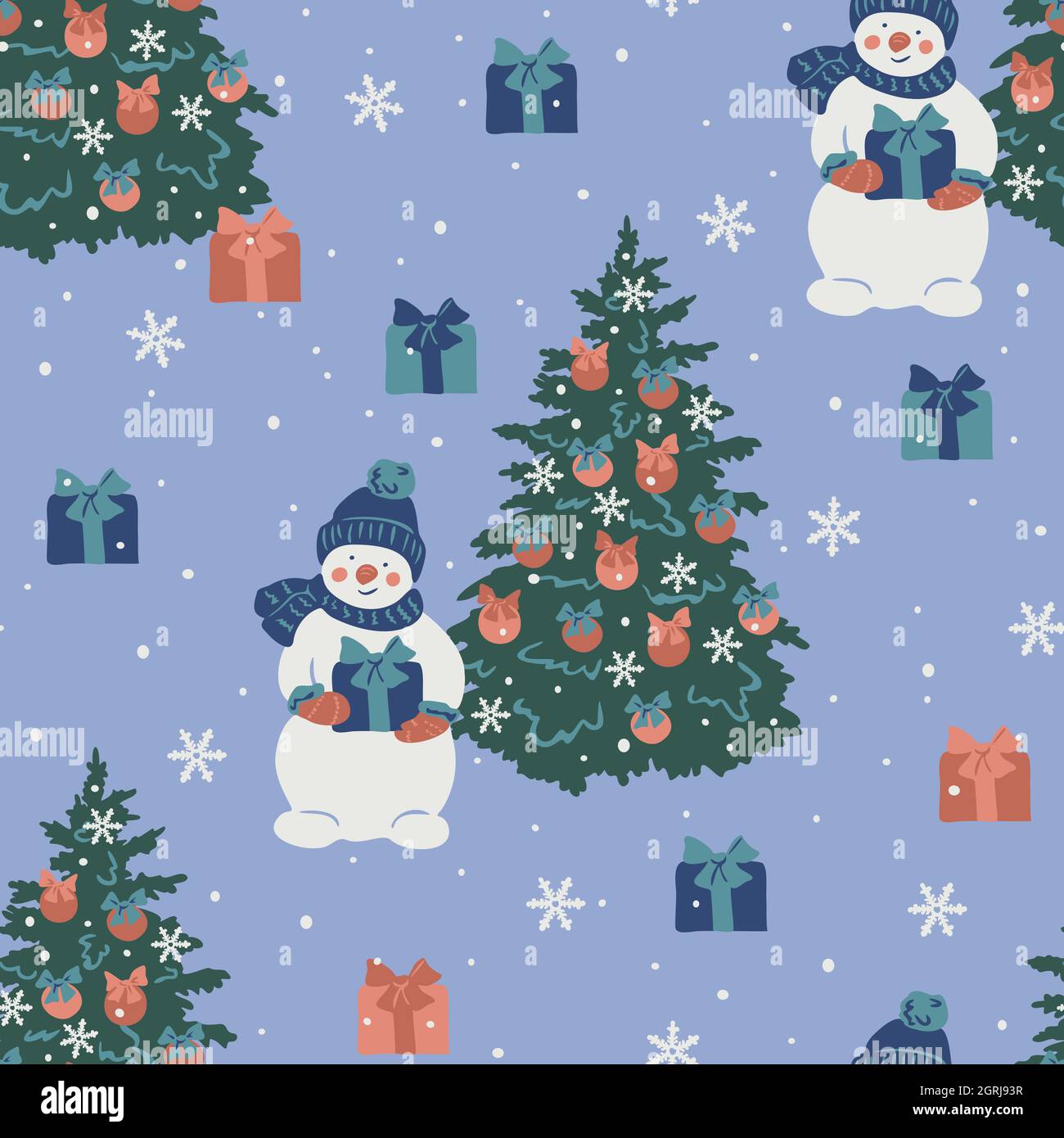 Vector seamless pattern with snowman and Christmas tree with baubles ...