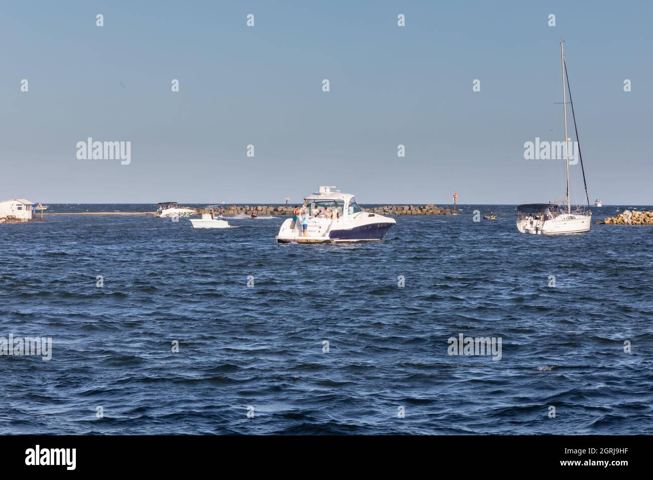 POMPANO BEACH FLORIDA, UNITED STATES - May 29, 2021: Different yachts and boats in a small bay by the Atlantic Ocean at the Pompano Beach, Florida Stock Photo