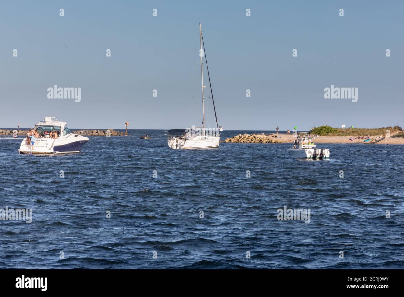 POMPANO BEACH FLORIDA, UNITED STATES - May 29, 2021: Different yachts and boats in a small bay by the Atlantic Ocean at the Pompano Beach, Florida Stock Photo