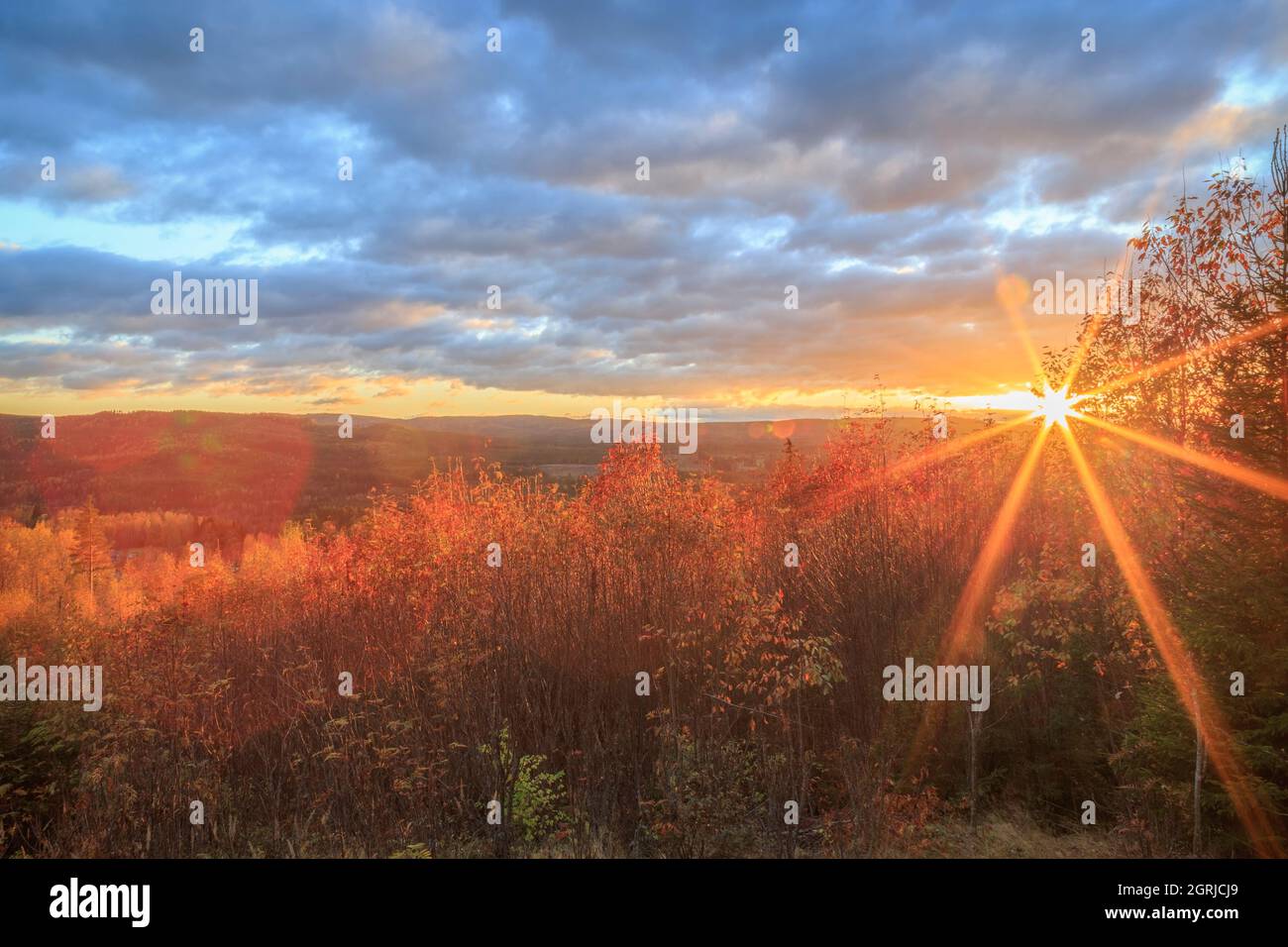 sun flares in a  mountain landscape Stock Photo