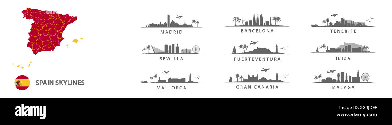 Collection of spanish skylines, big cities in Spain, Madrid, Vector graphic silhouettes with Madrid, Barcelona, Seville, Malaga, Ibiza, Tenerife, Stock Vector