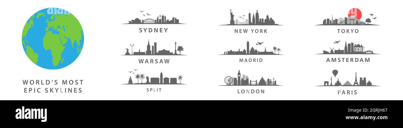 Collection of world's most epic skylines, big cities on Globe, Warsaw, New York, Sydeny, Tokyo, Amsterdam, London, Paris Stock Vector