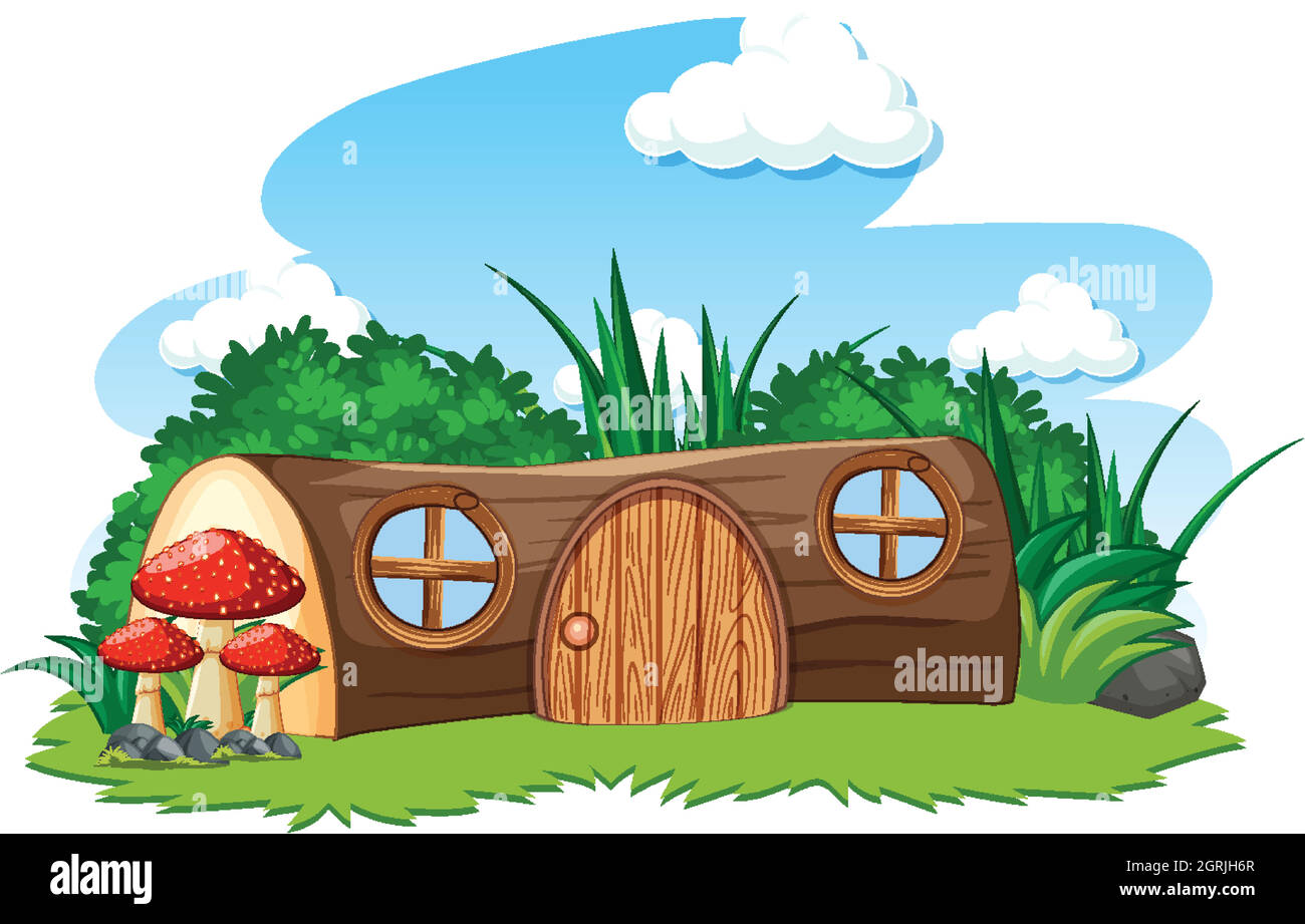 Timber house and some mushroom cartoon style on white background Stock Vector