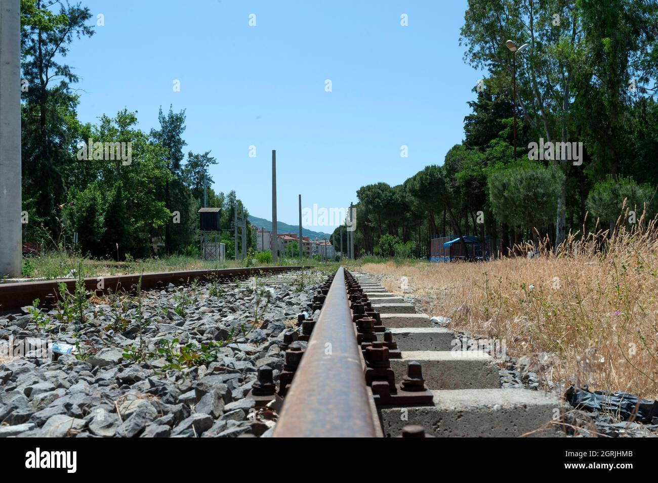 Railway, railroad, track, rail, train, rusty, old, dirty Stock Photo