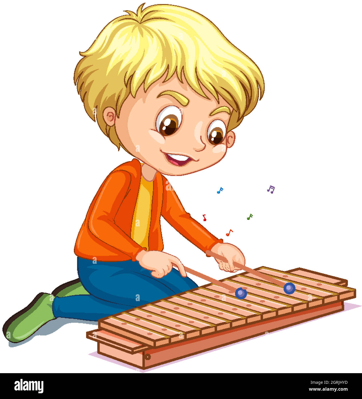 Character of a boy playing xylophone on white background Stock Vector