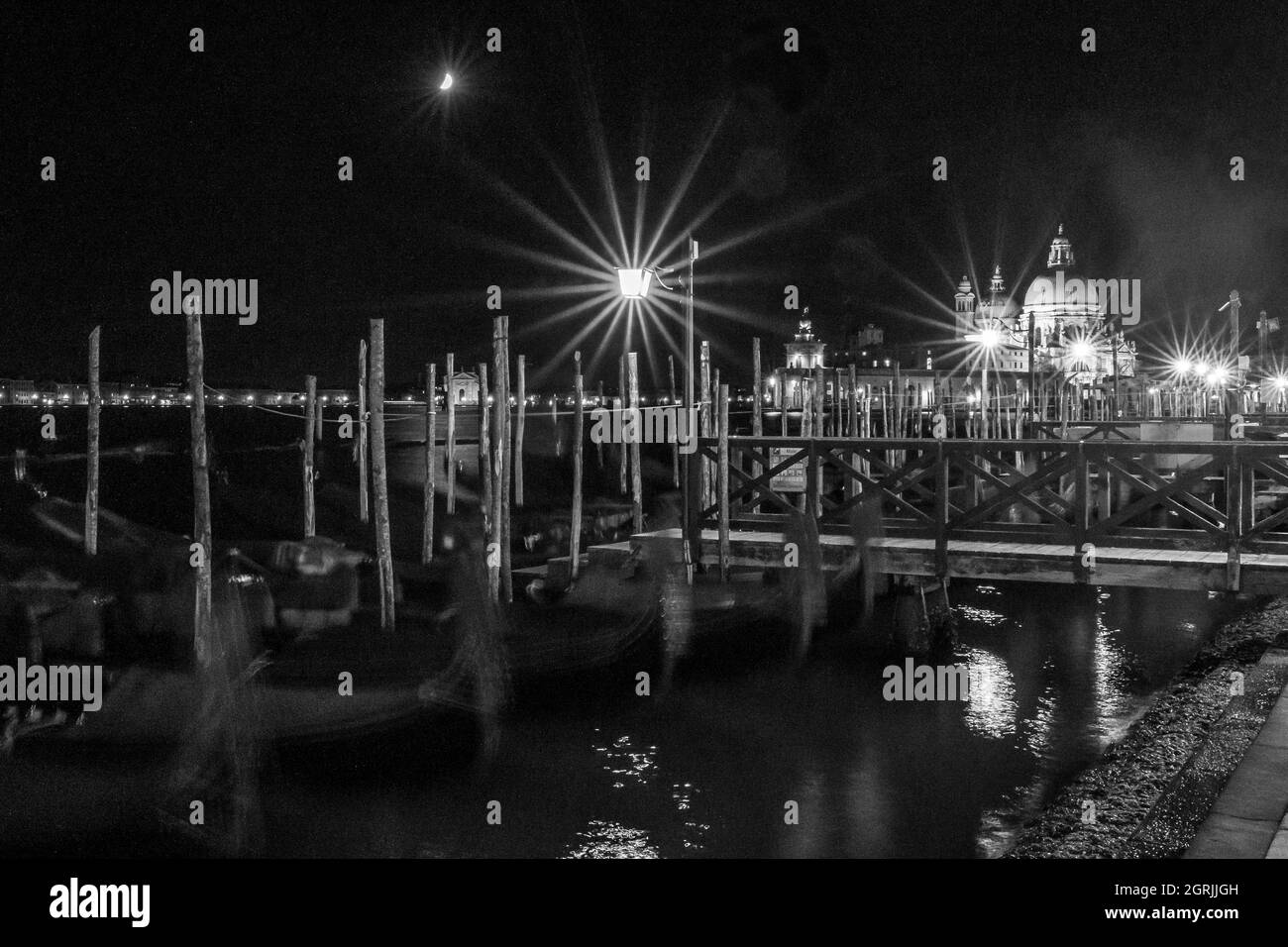 Venice with light stars in black and white Stock Photo