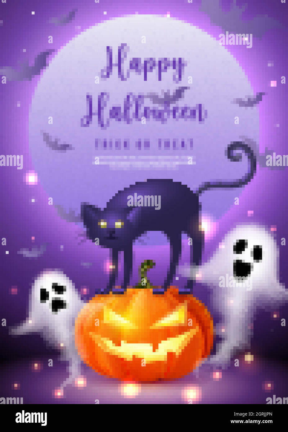 Happy halloween 3D realistic scary jack lantern black cat spirit ghost with purple tone full moon background Stock Vector